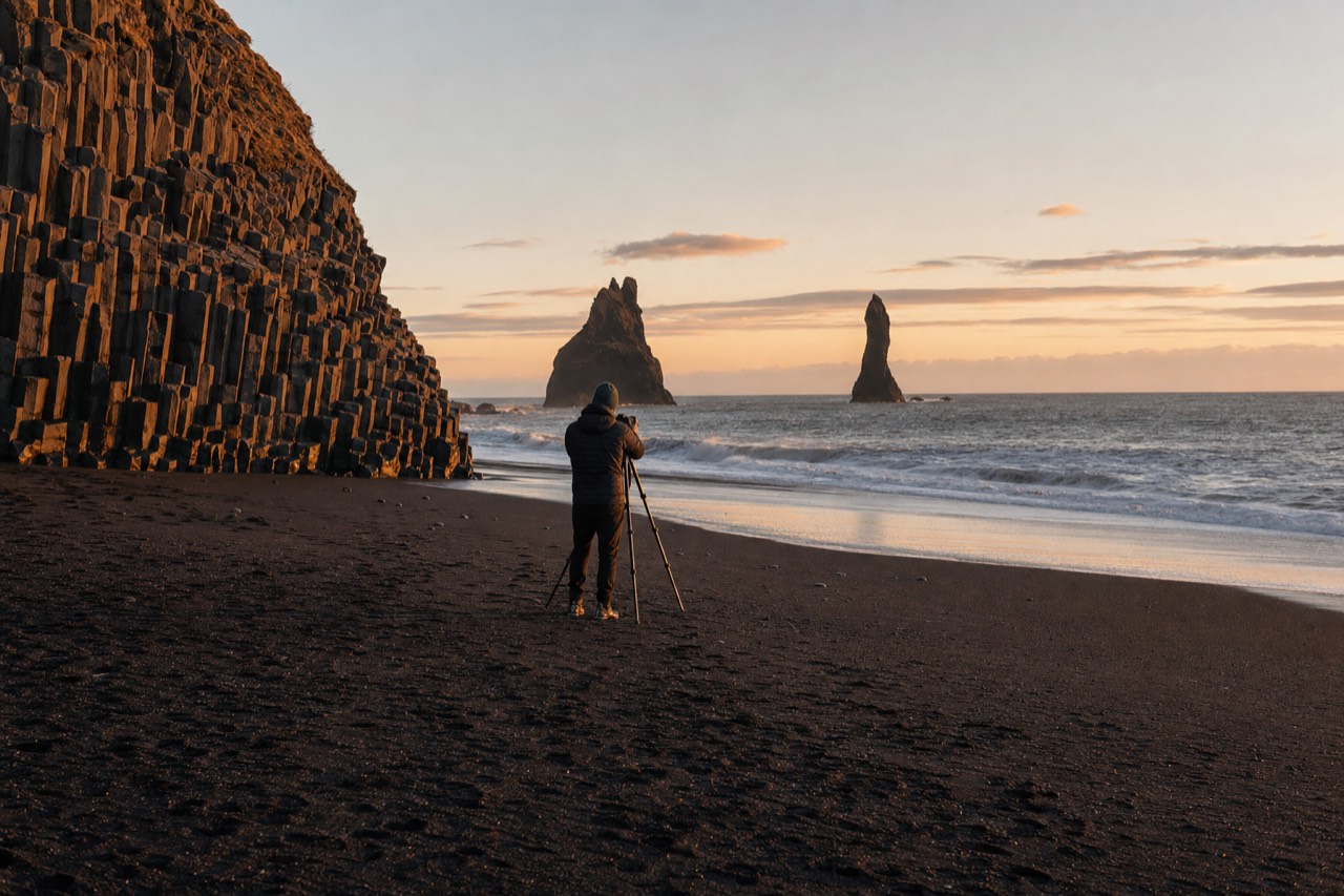 A photographer capturing the golden-hour light at Reynisfjara